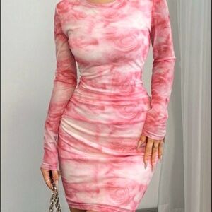 Pink Tie-Dye Abstract Long-Sleeve Ruched Dress